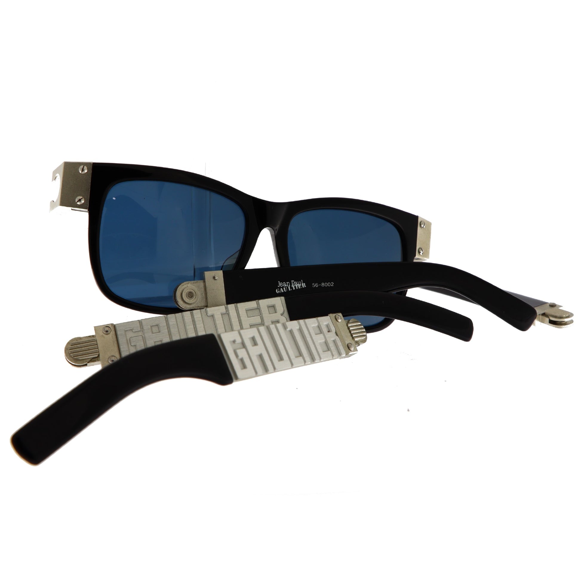 Jean Paul Gaultier 56-8002 sunglasses, JPG interchangeable arms wayfarer sunglasses, Vintage Gaultier dark blue lens eyewear, 1990s Gaultier sunglasses with bold design