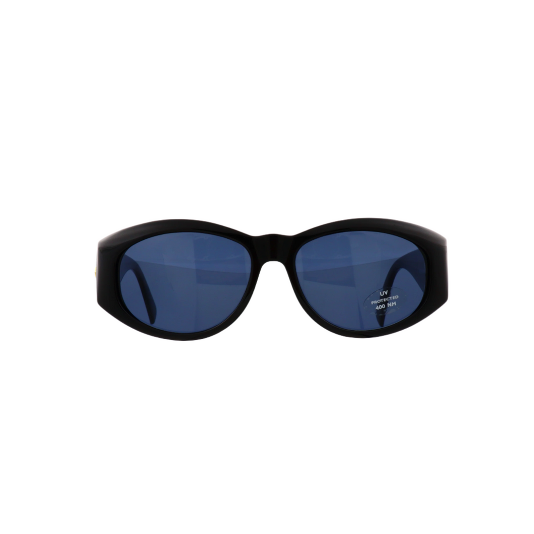 Gianni Versace 4V4-C sunglasses front view | Versace 4V4-C gold and black frame side profile | Gianni Versace 4V4-C dark blue lenses close-up | Luxury Versace 4V4-C eyewear detail