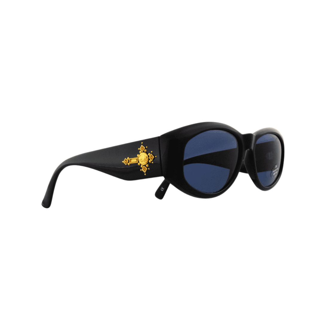 Gianni Versace 4V4-C sunglasses front view | Versace 4V4-C gold and black frame side profile | Gianni Versace 4V4-C dark blue lenses close-up | Luxury Versace 4V4-C eyewear detail