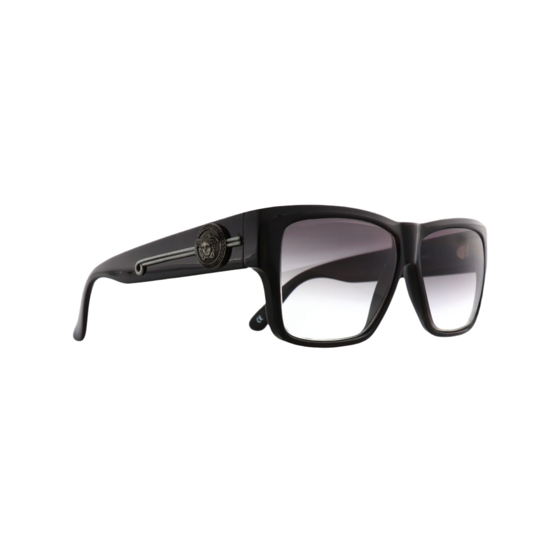 Gianni Versace 372N sunglasses front view | Versace 372N black sunglasses side profile | Gianni Versace 372N grey gradient lens close-up | Luxury Versace eyewear detail
