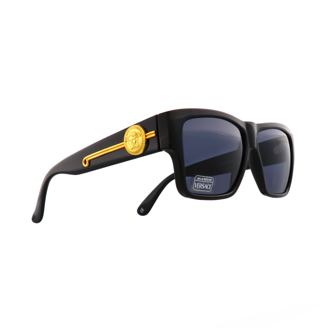 Gianni Versace 372/DM Biggie Sunglasses, Vintage Black and Gold Medusa Eyewear, Classic Versace Shield Sunglasses Front View, Iconic Hip-Hop Style Sunglasses