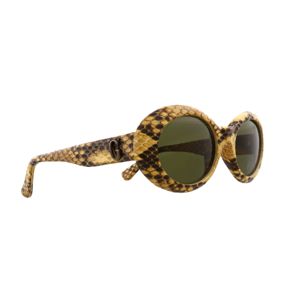 Gianni Versace 403B Snake Print Sunglasses, Vintage Dark Green Lens Eyewear, Side Profile of Versace Designer Frames, Close-Up of Snake Texture Frame Design