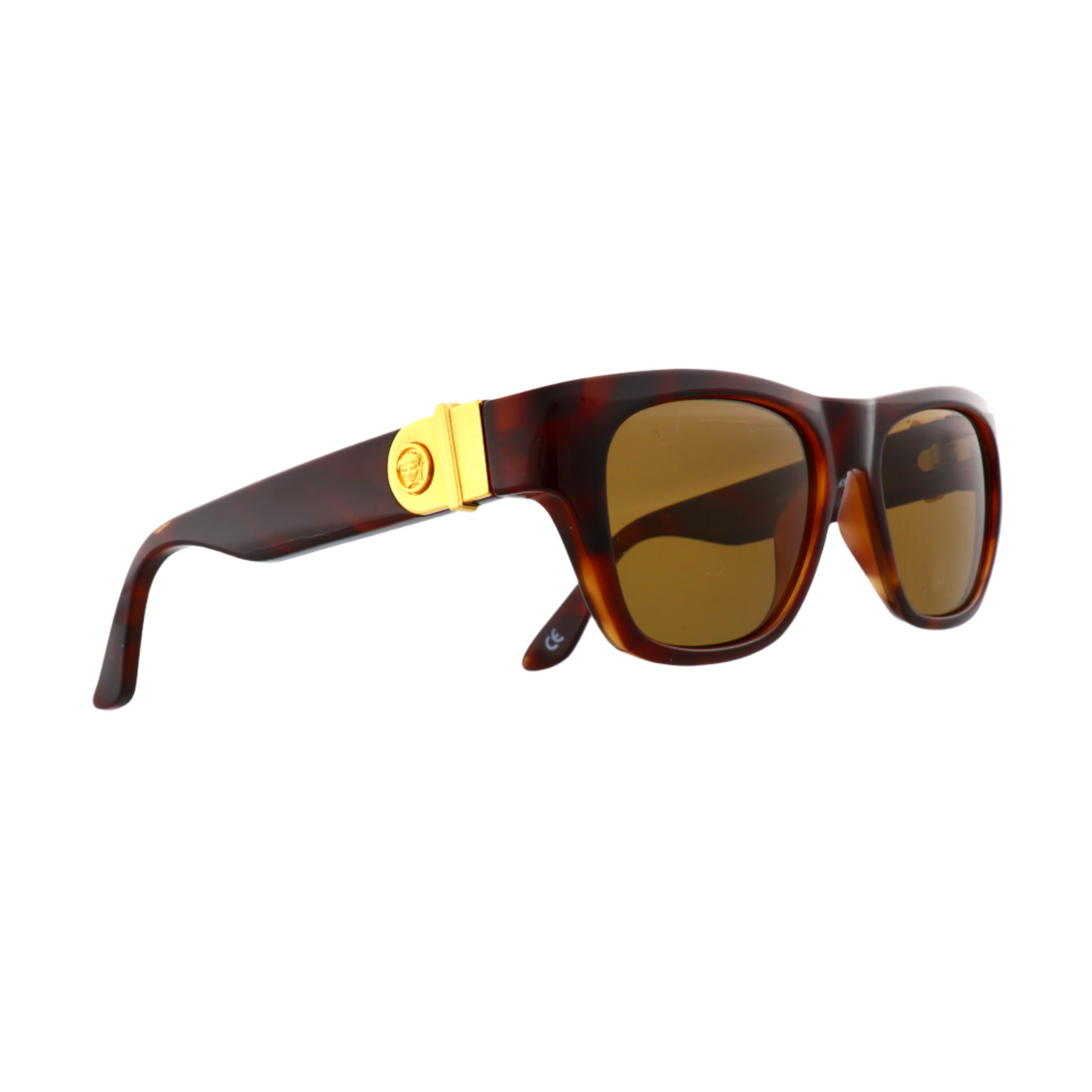 Gianni Versace 405 sunglasses front angle view | Versace 405 gold and brown frame close-up | Versace 405 brown-green lens sunglasses | Luxury Gianni Versace 405 sunglasses side profile