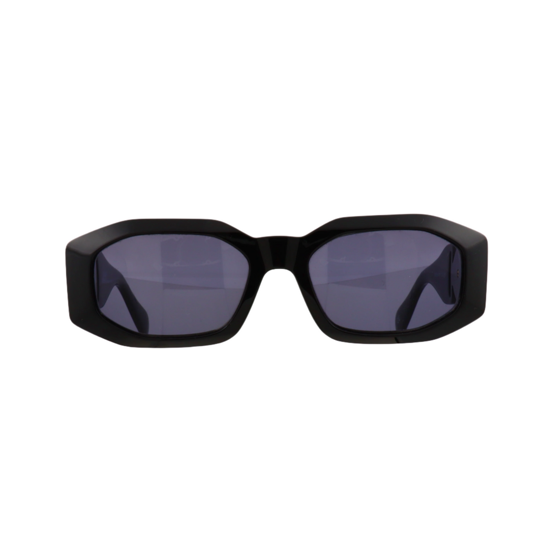 Gianni Versace 414A sunglasses front view | Versace 414A gold and black frame side profile | Gianni Versace 414A midnight black lenses close-up | Luxury Versace 414A eyewear detailing