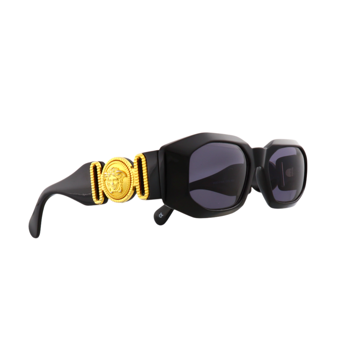 Gianni Versace 414A sunglasses front view | Versace 414A gold and black frame side profile | Gianni Versace 414A midnight black lenses close-up | Luxury Versace 414A eyewear detailing