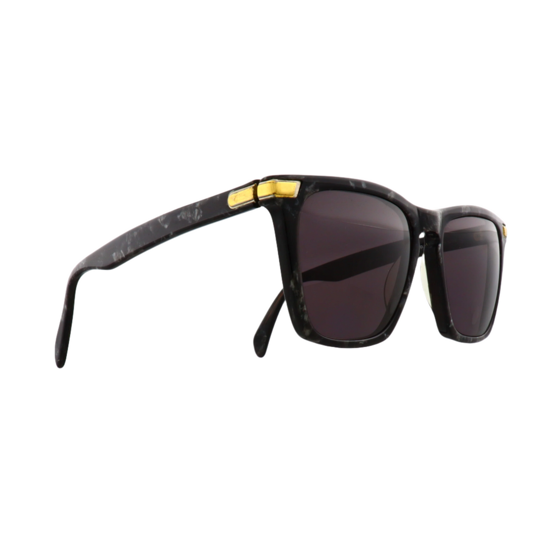 Gianni Versace 458 sunglasses front view | Versace 458 black and white frame side profile | Gianni Versace 458 black lenses close-up | Luxury Versace 458 eyewear detail