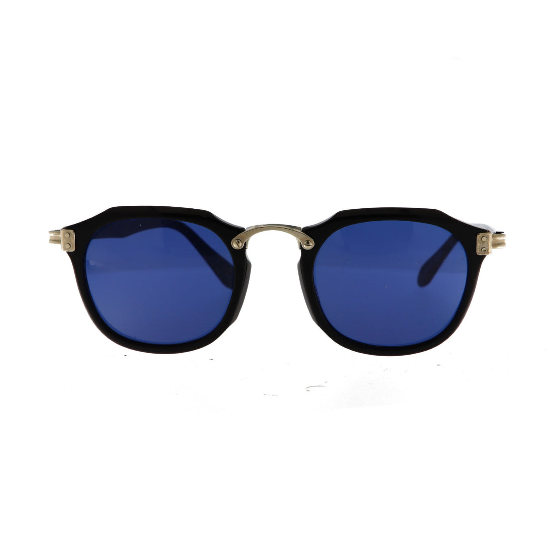 Jean Paul Gaultier 58-0273 vintage sunglasses, Piano black Gaultier sunglasses 1990s, Flat-top designer sunglasses with blue lenses, JPG 58-0273 eyewear front and side view

