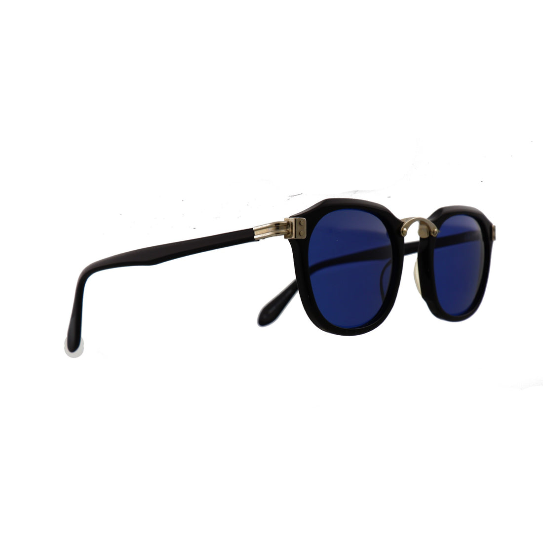 Jean Paul Gaultier 58-0273 vintage sunglasses, Piano black Gaultier sunglasses 1990s, Flat-top designer sunglasses with blue lenses, JPG 58-0273 eyewear front and side view

