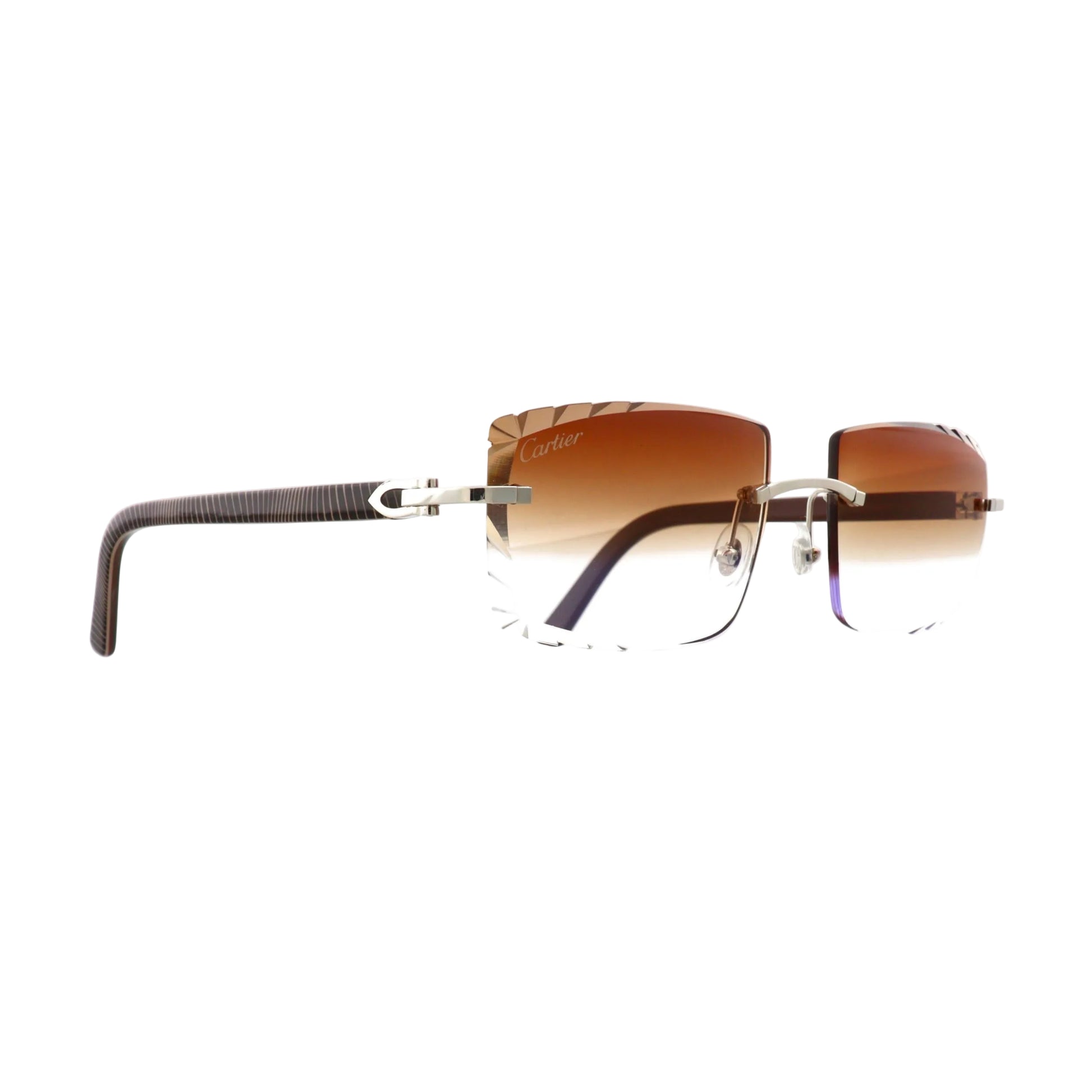 Cartier platinum acetate sunglasses with sleek frame design, showcasing side profile and modern style from circa 2010.