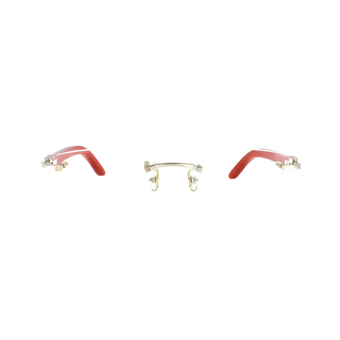 Cartier sunglasses with red platinum wood frames and dark tinted lenses, front view showcasing stylish eyewear design.