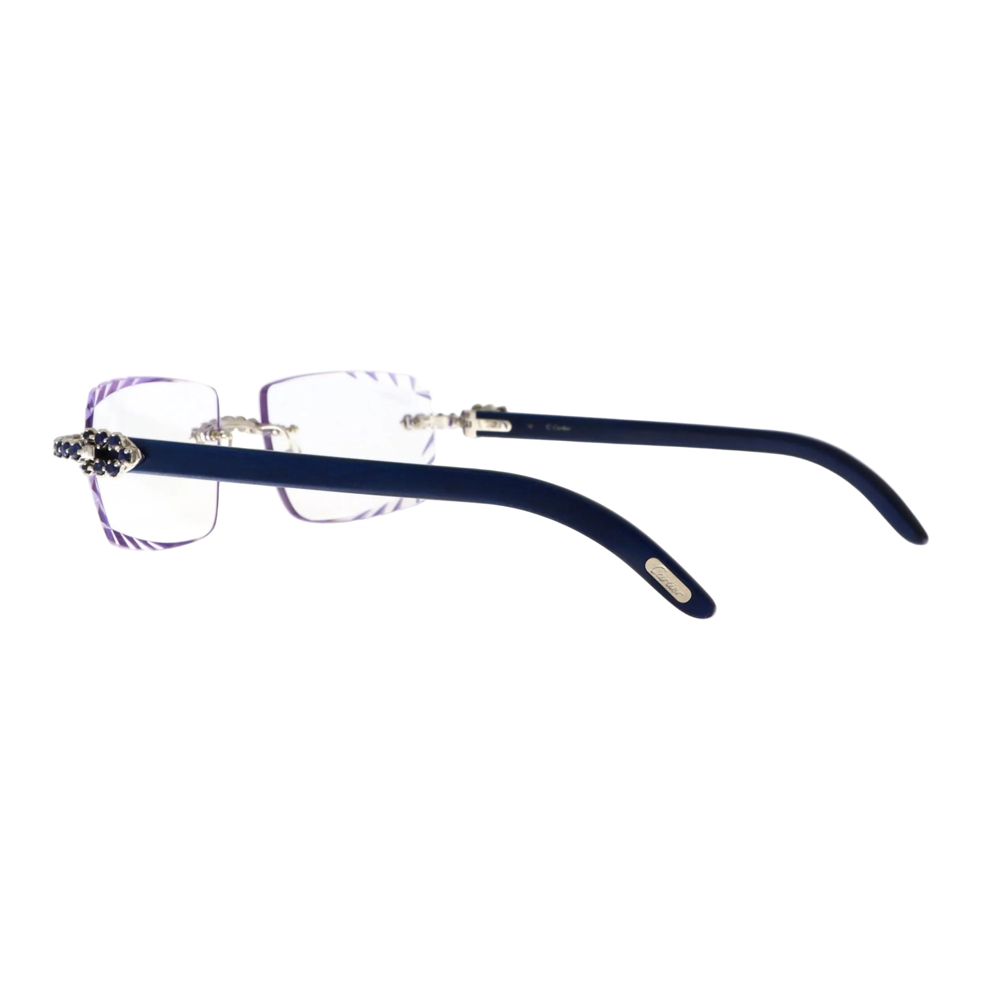 Cartier sunglasses with blue Burma sapphire accents and platinum woods, showcasing stylish eyewear design.