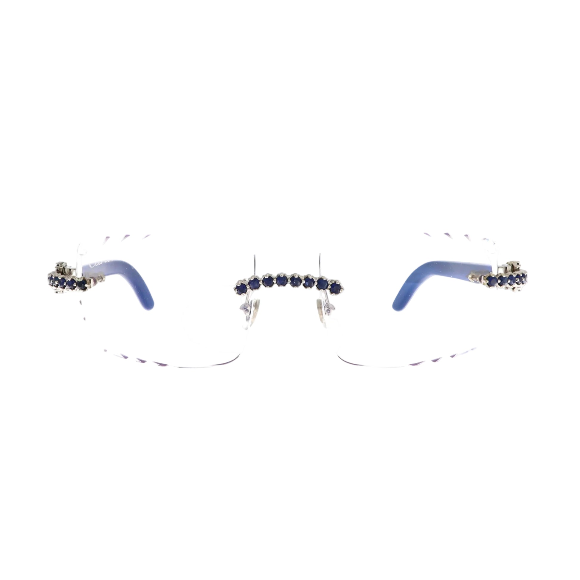 Cartier sunglasses with blue Burma sapphire accents and platinum detailing, shown from the front view.