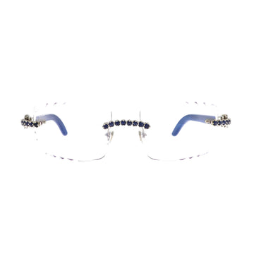 Cartier sunglasses with blue Burma sapphire accents and platinum detailing, shown from the front view.