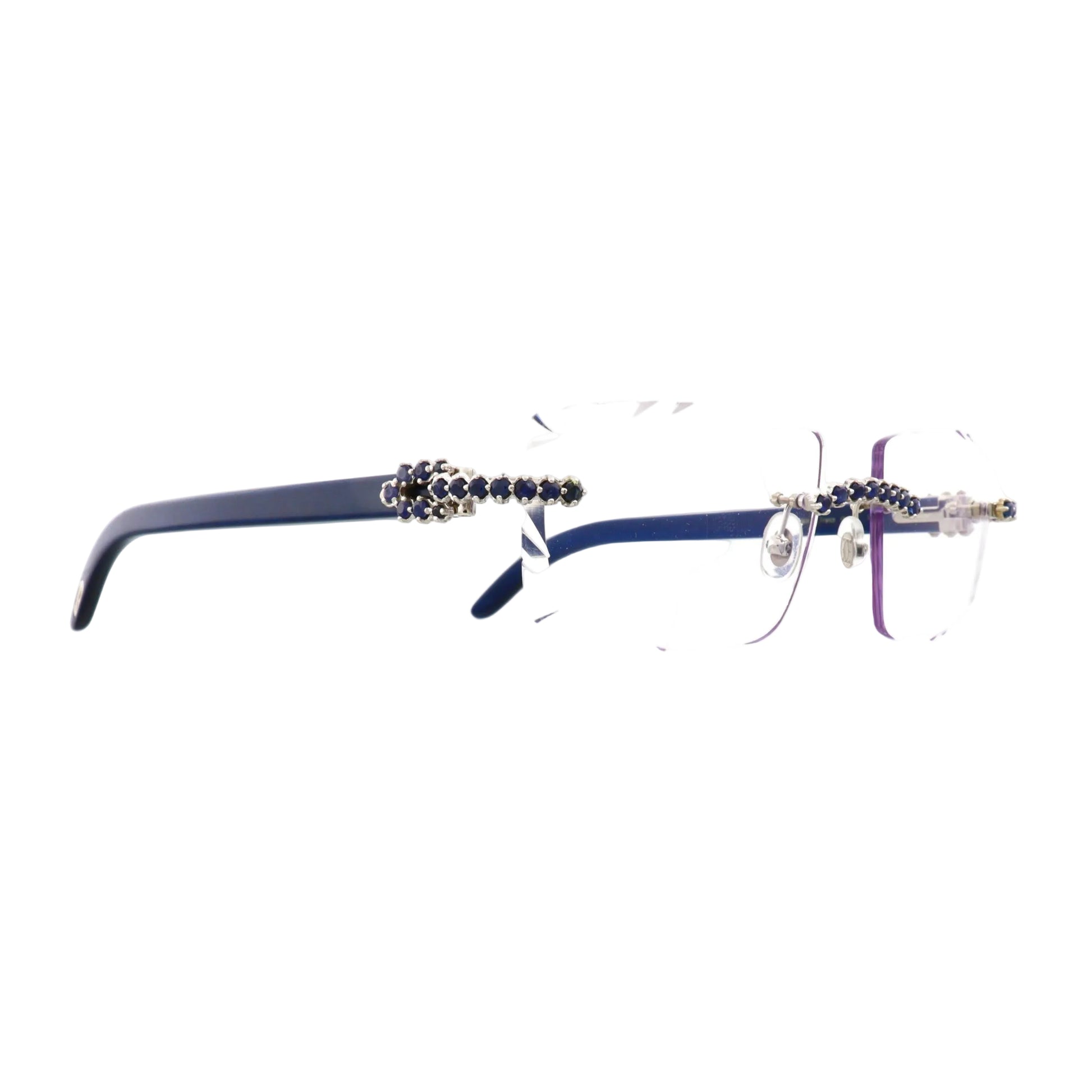 Cartier sunglasses with blue Burma sapphire accents and platinum woods, featuring sleek design and stylish eyewear appeal.