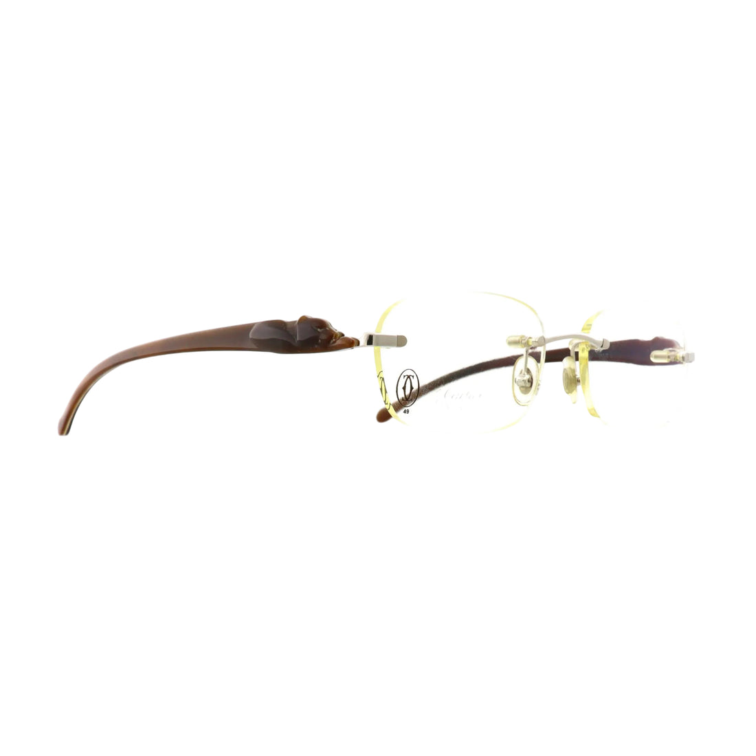 Cartier Must de Cartier T8100877 rimless sunglasses with brown lenses and horn-style frames, showcasing sleek, stylish design.