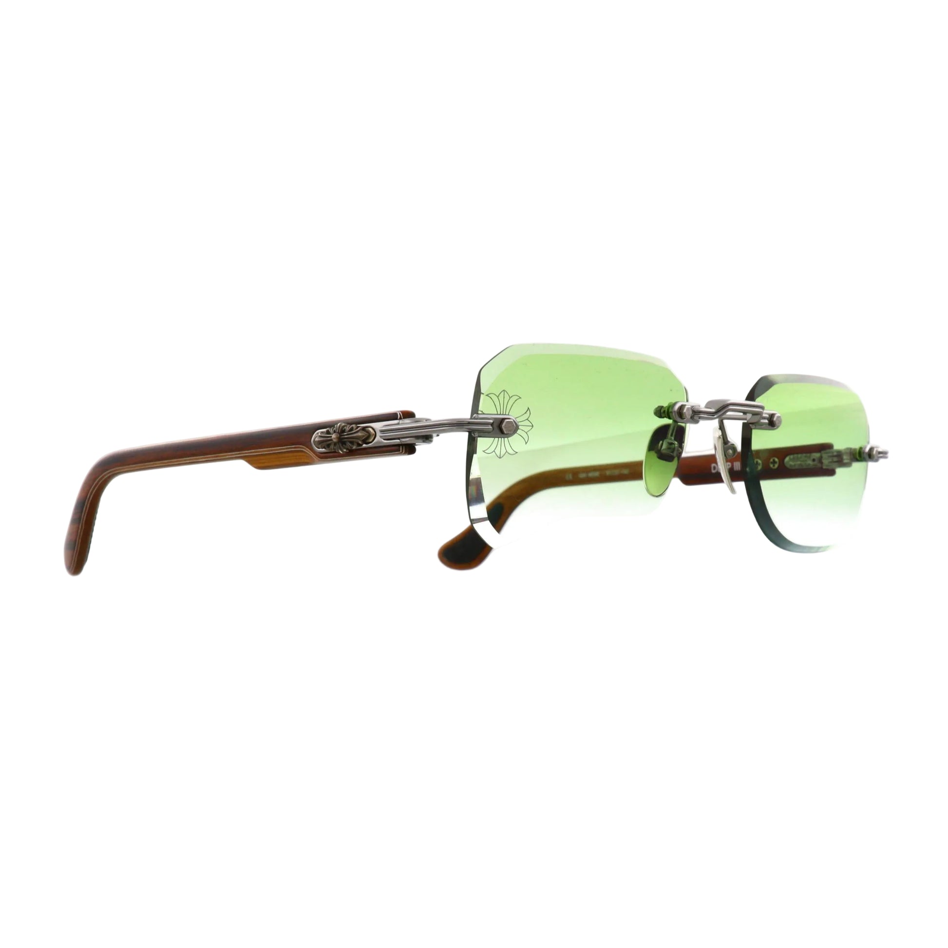 Chrome Hearts Deep III sunglasses with green gradient lenses and brown side accents, new with tags.