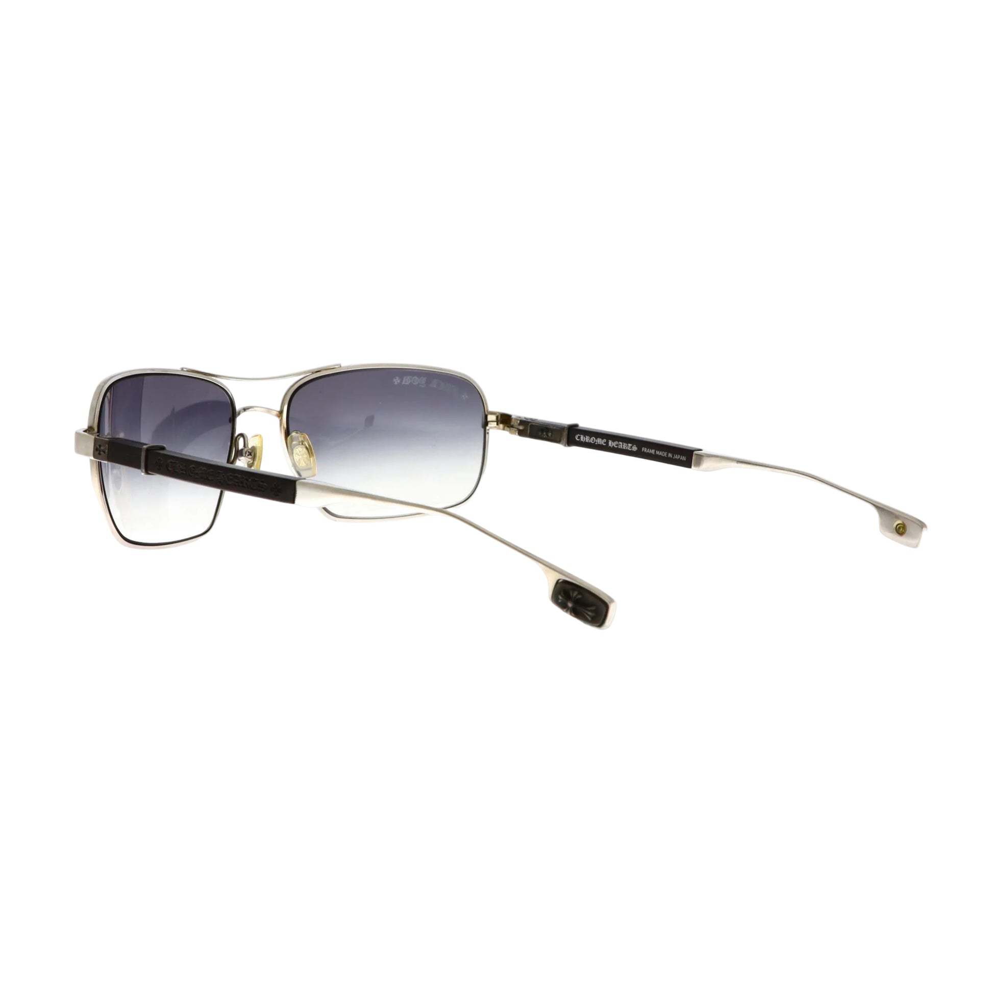Chrome Hearts Loomer sunglasses in black with thick frames, featuring silver accents and dark lenses, circa 2005 style.