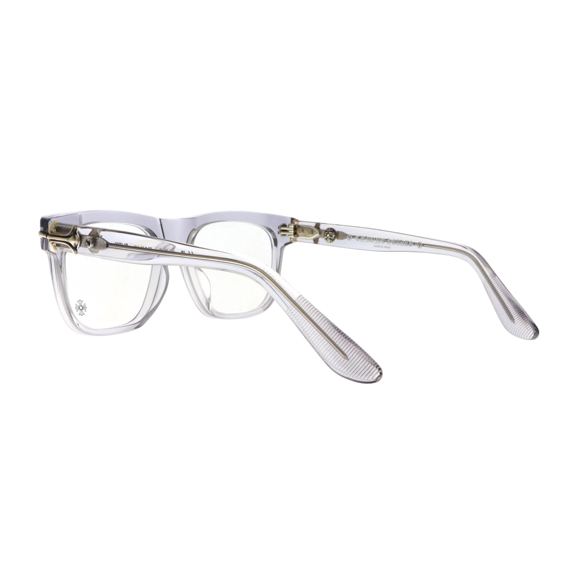 Chrome Hearts Slid'n sunglasses with grey crystal lenses, featuring a transparent back and sleek, modern design.