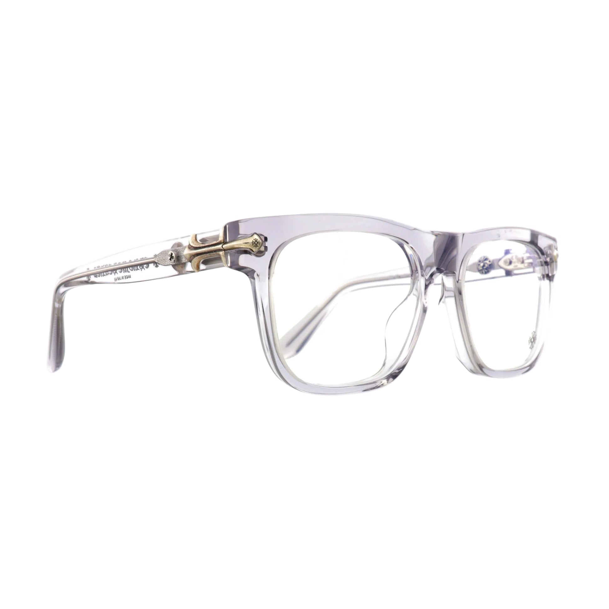 Chrome Hearts Slid'n sunglasses in grey crystal with transparent side details, showcasing sleek and stylish eyewear design.