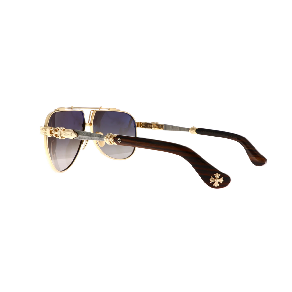 A pair of aviator-style sunglasses with gold-tone metal frames, dark brown wood temples, and gradient lenses, displayed on a white surface.