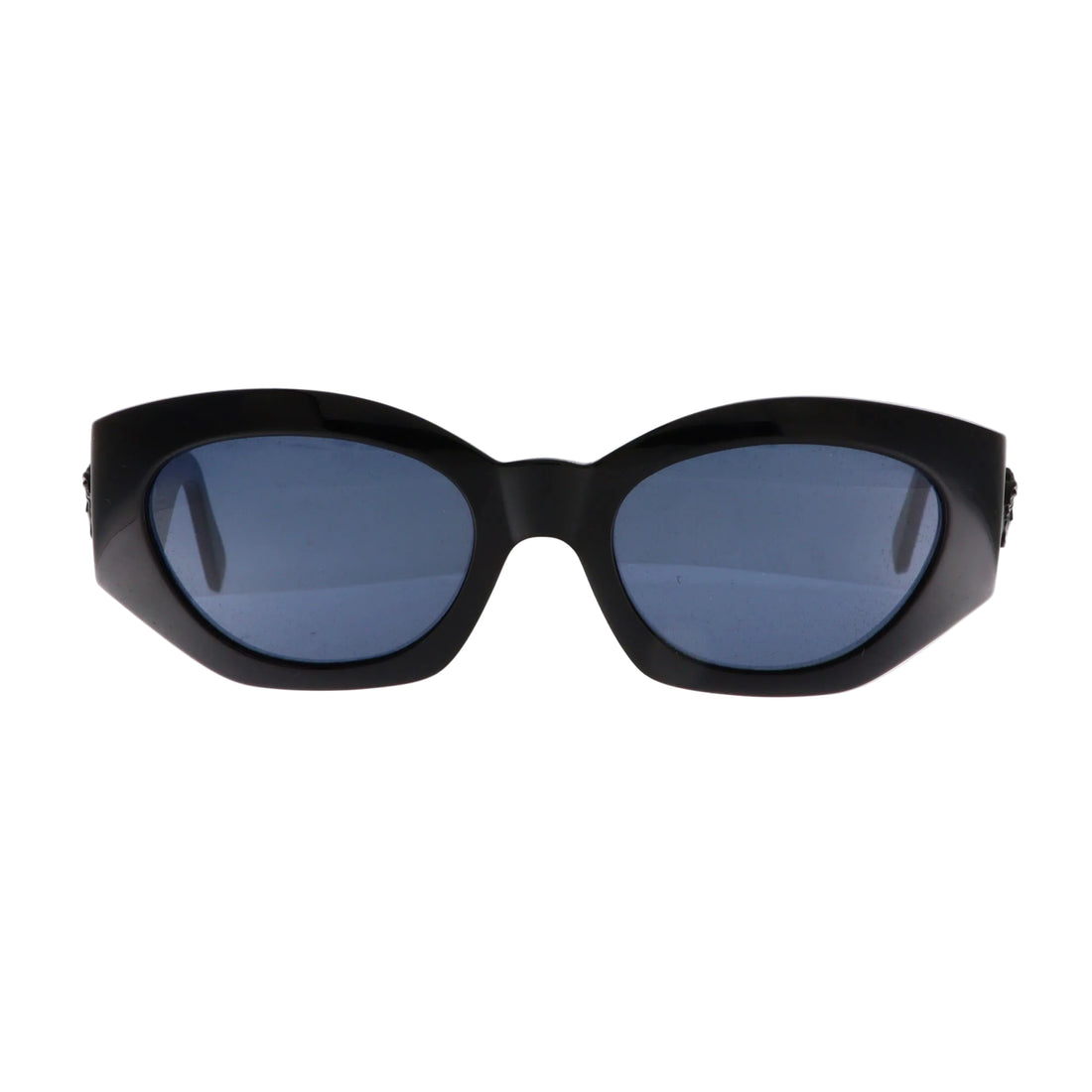 Black Gianni Versace sunglasses model 420E with a bold frame and sleek design, shown from the front.