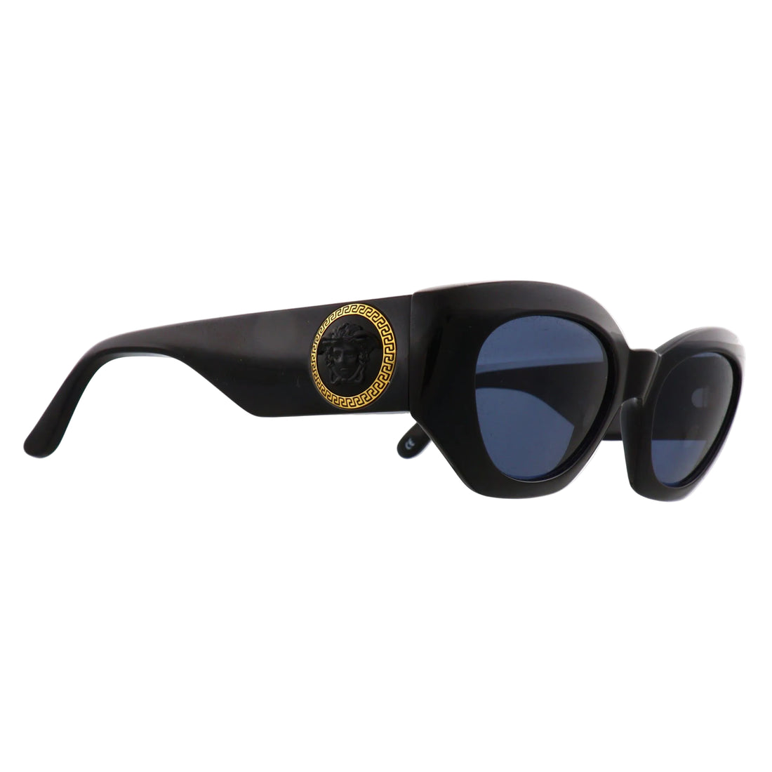 Black Gianni Versace sunglasses model 420E with a bold frame and sleek design, shown from the front.