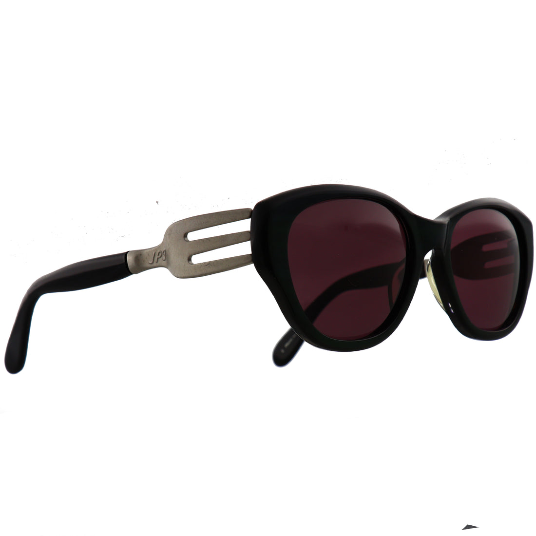 Jean Paul Gaultier 56-3271 dark green sunglasses, Vintage Gaultier sunglasses with purple lenses, JPG 56-3271 designer eyewear front view, Retro unisex sunglasses in dark green and purple

