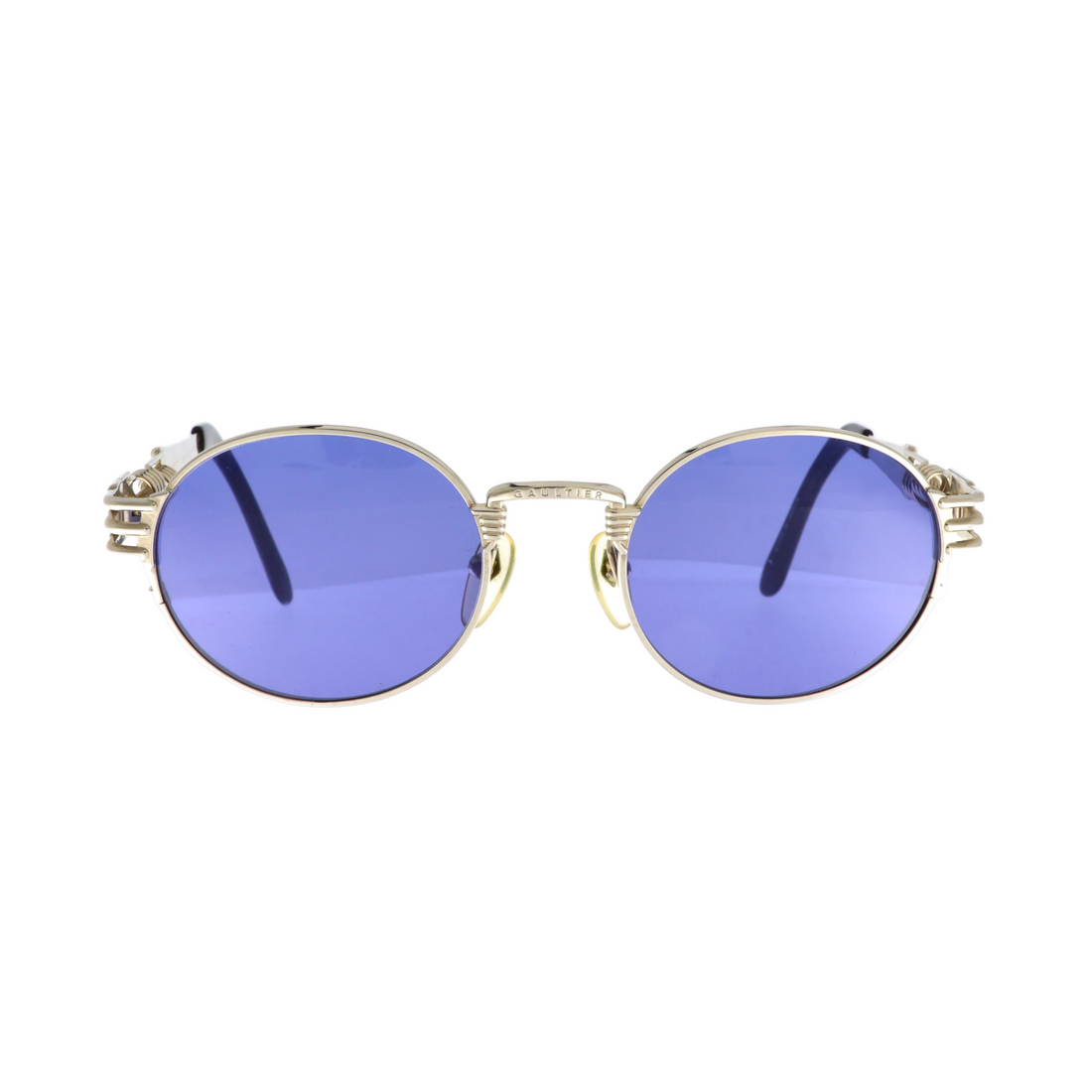 Jean Paul Gaultier sunglasses with blue lenses and black frames, model 56-6106, shown from the front.