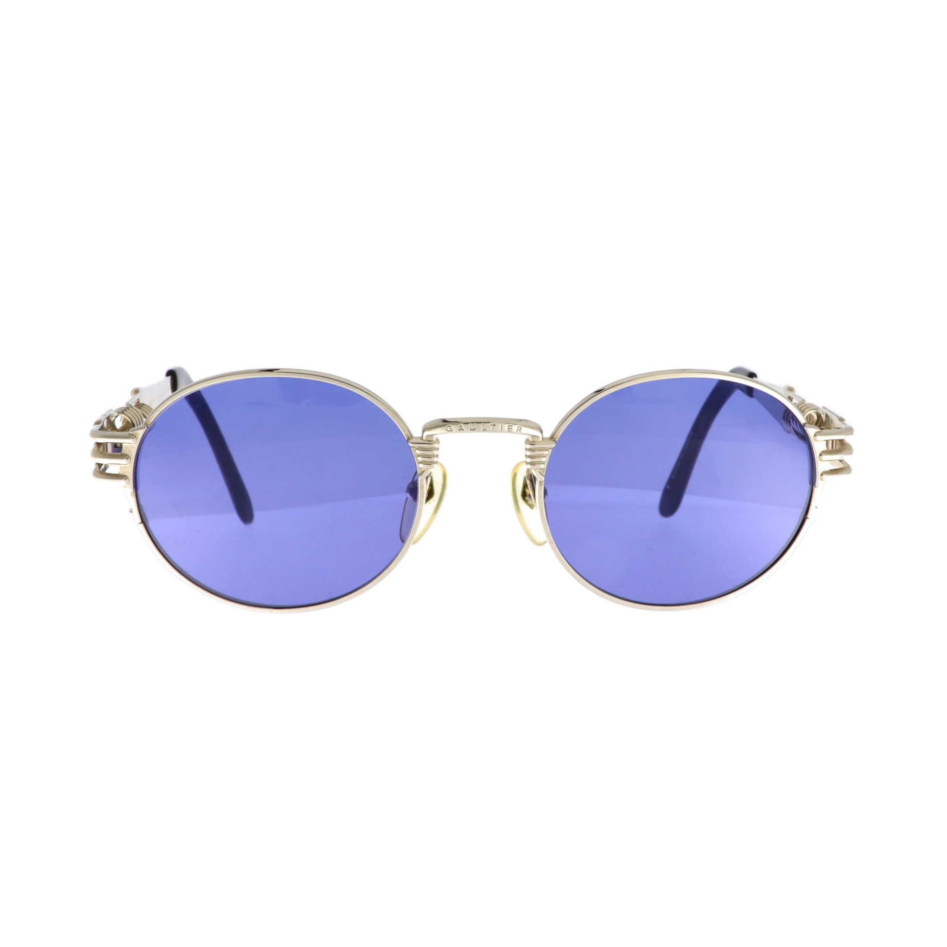 Jean Paul Gaultier sunglasses with blue lenses and black frames, model 56-6106, shown from the front.