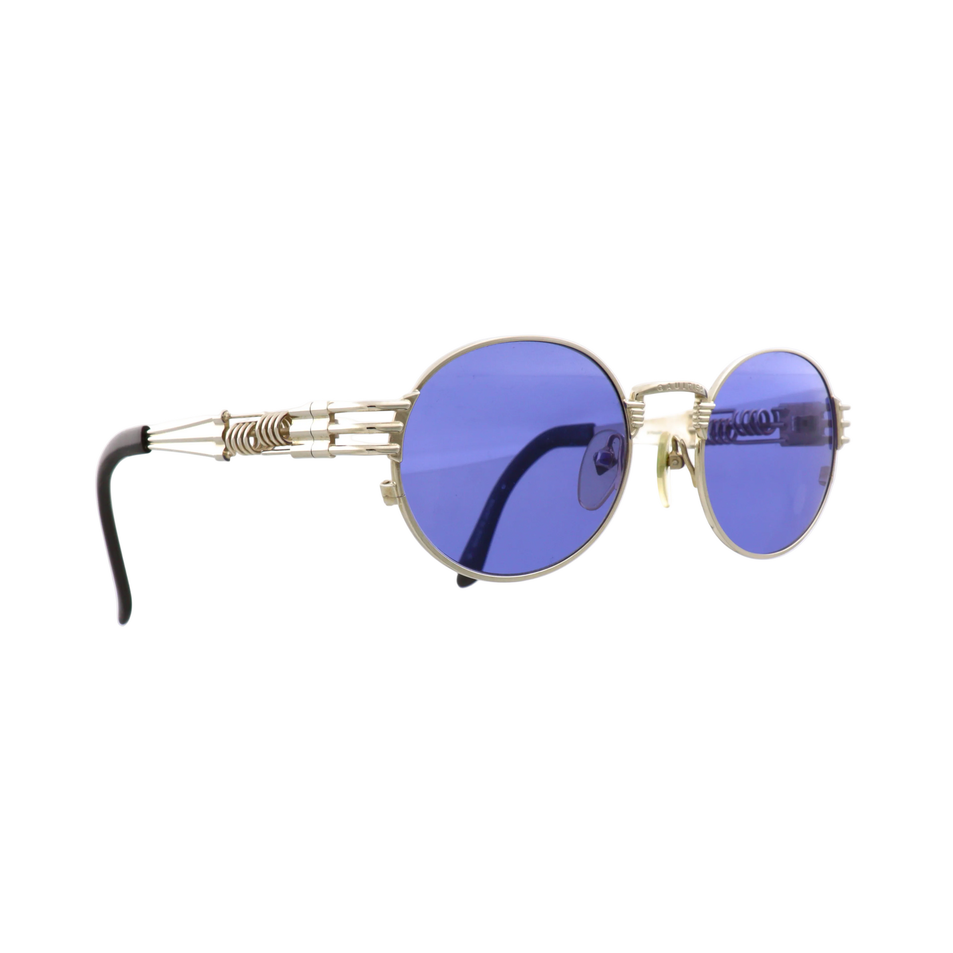 Jean Paul Gaultier sunglasses with blue lenses and black frame, model 56-6106, side view showing stylish design and branding.