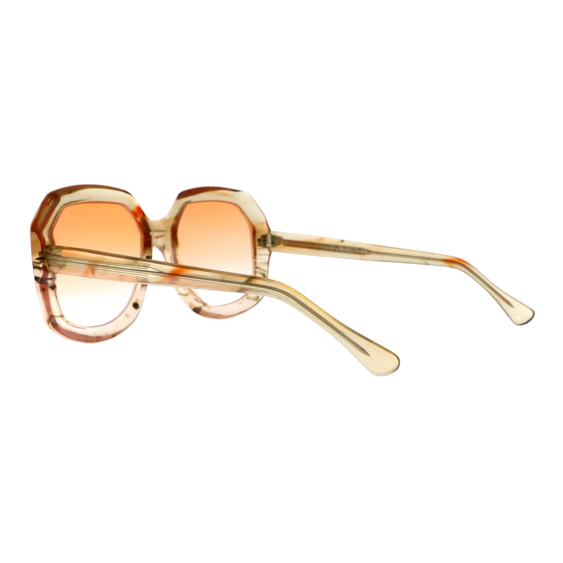 Oliver Goldsmith Sataday sunglasses from the 1970s with orange-tinted back view, vintage eyewear with classic design.
