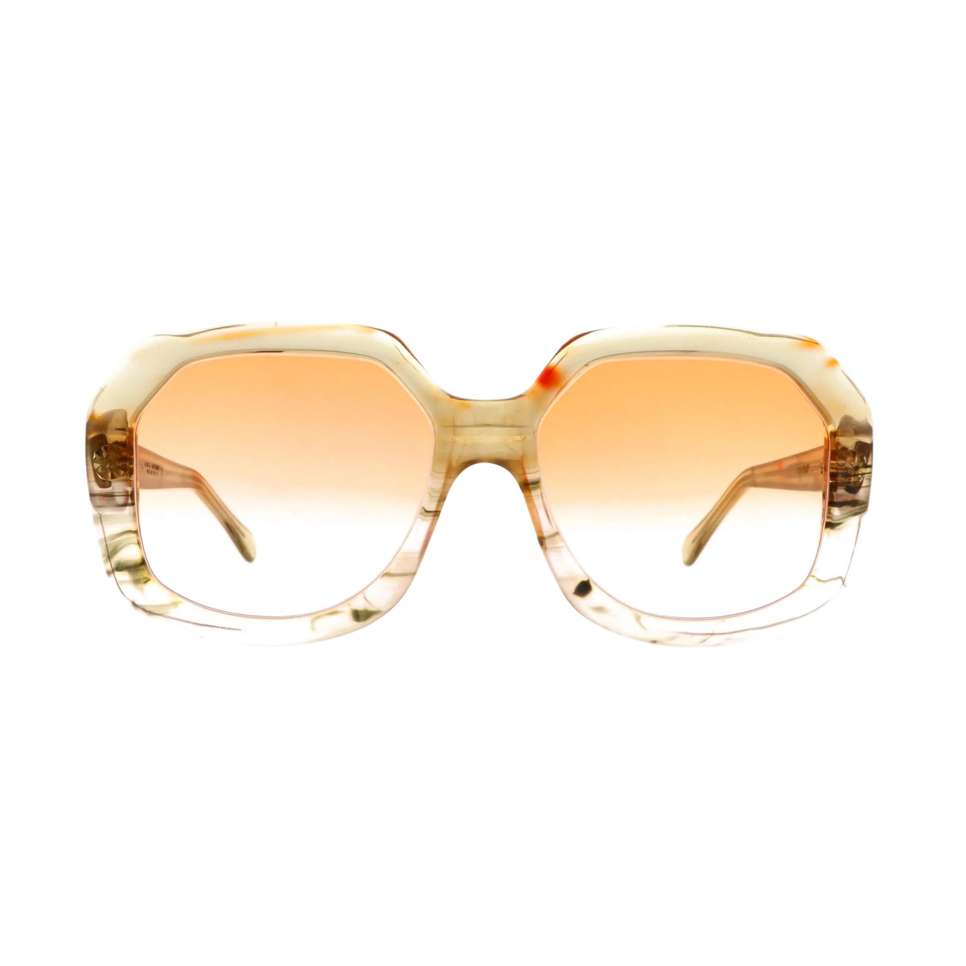 Oliver Goldsmith Sataday sunglasses with orange front, vintage 1970s style, featuring bold frame and tinted lenses.