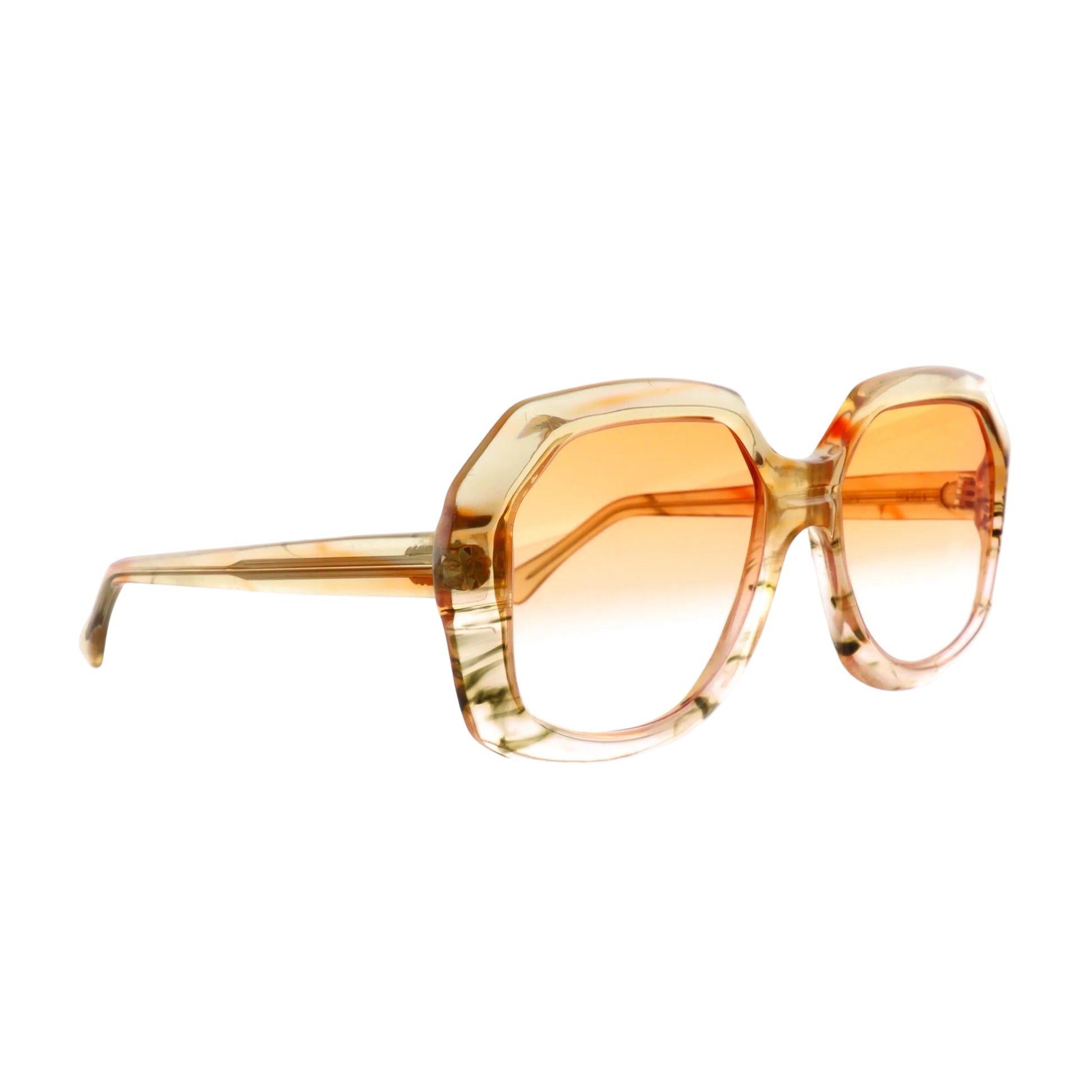 Oliver Goldsmith Sataday sunglasses from the 1970s with orange-tinted lenses and stylish vintage frame, detailed side view image.
